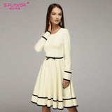 S.FLAVOR Women simple A-line dress 2018 Spring summer O-neck long sleeve knee-length dress Elegnat women casual solid vestidos