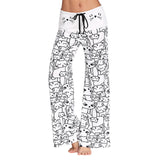 ZAN.STYLE Cute Cat Print Drawstring Women Long Pants Mid Waist 3D Cartoon Cat Wide-Leg Pants Casual Daily Wear Female Trousers