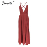 Simplee Sexy v neck backless print jumpsuit romper women Lace up halter high waist short overalls Split wide leg summer jumpsuit