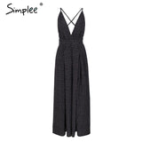 Simplee Sexy v neck backless print jumpsuit romper women Lace up halter high waist short overalls Split wide leg summer jumpsuit
