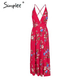 Simplee Sexy v neck backless print jumpsuit romper women Lace up halter high waist short overalls Split wide leg summer jumpsuit