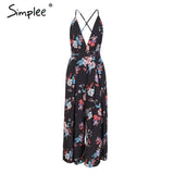 Simplee Sexy v neck backless print jumpsuit romper women Lace up halter high waist short overalls Split wide leg summer jumpsuit