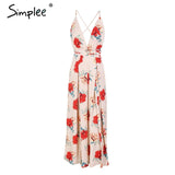 Simplee Sexy v neck backless print jumpsuit romper women Lace up halter high waist short overalls Split wide leg summer jumpsuit